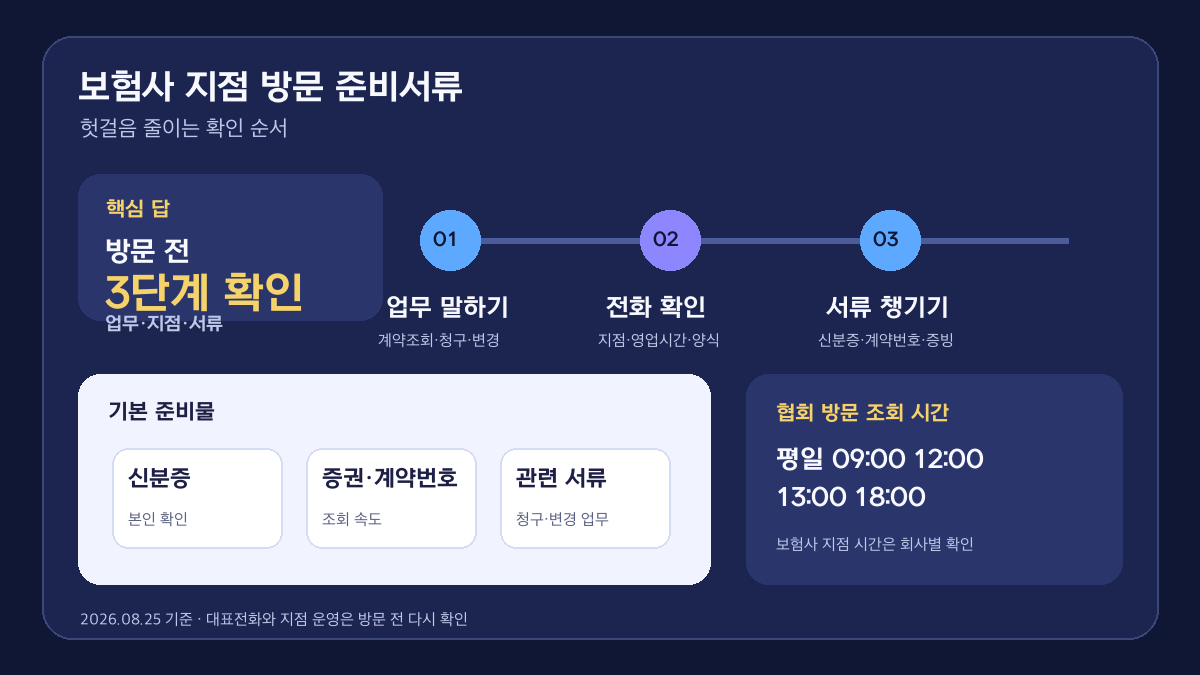 보험사 지점 방문 준비서류 3단계 2026 인포그래픽: 업무 말하기, 대표전화 확인, 신분증과 계약번호 및 관련 서류 준비