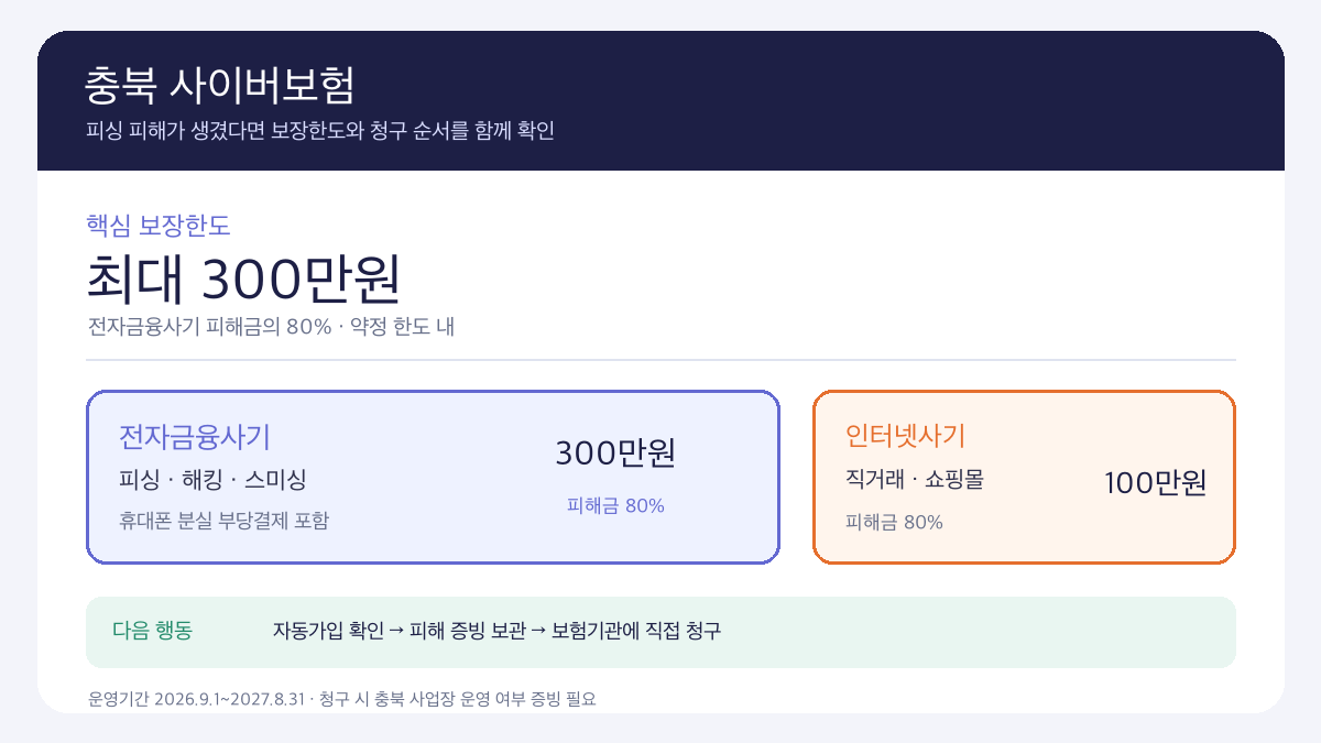 충북 소상공인 사이버보험 피싱 피해 보장한도 300만원과 청구 순서를 보여주는 인포그래픽