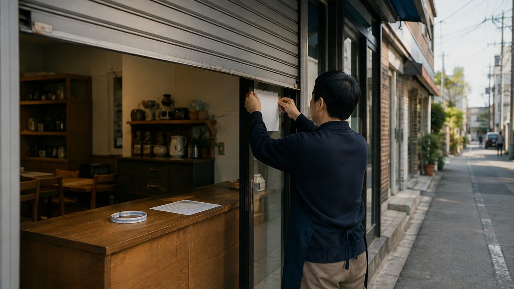 경북 소상공인 휴업손해보험 입원 3일째 조건을 확인하기 위해 임시 휴업 안내를 붙이는 동네 가게 장면