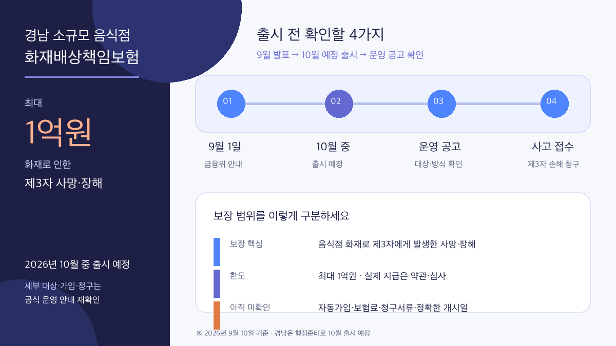 경남 음식점 화재배상책임보험 1억원 출시일 4단계 인포그래픽: 100㎡ 미만 대상, 10월 출시 예정, 제3자 신체·재산 피해와 운영 공고 확인