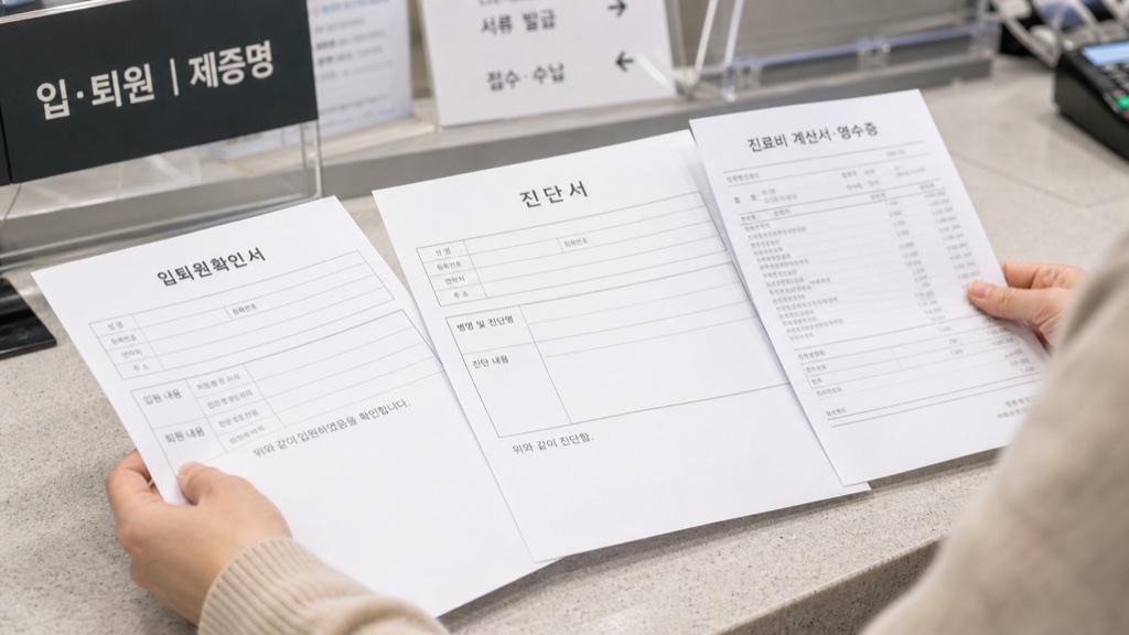 입원확인서 진단서 보험금 청구 3단계 2026을 위해 병원 원무과에서 서류를 비교하는 장면