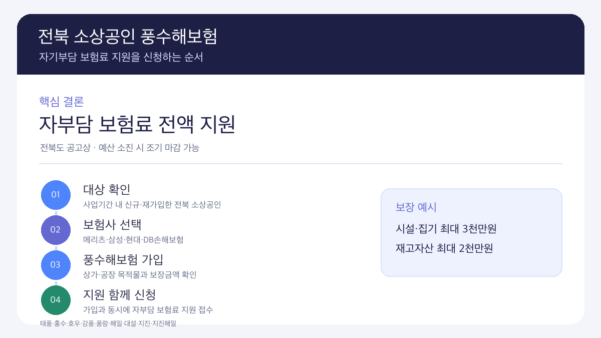 전북 소상공인 풍수해보험 자기부담금 지원 신청 대상과 자부담 보험료 전액지원 4단계 흐름 인포그래픽