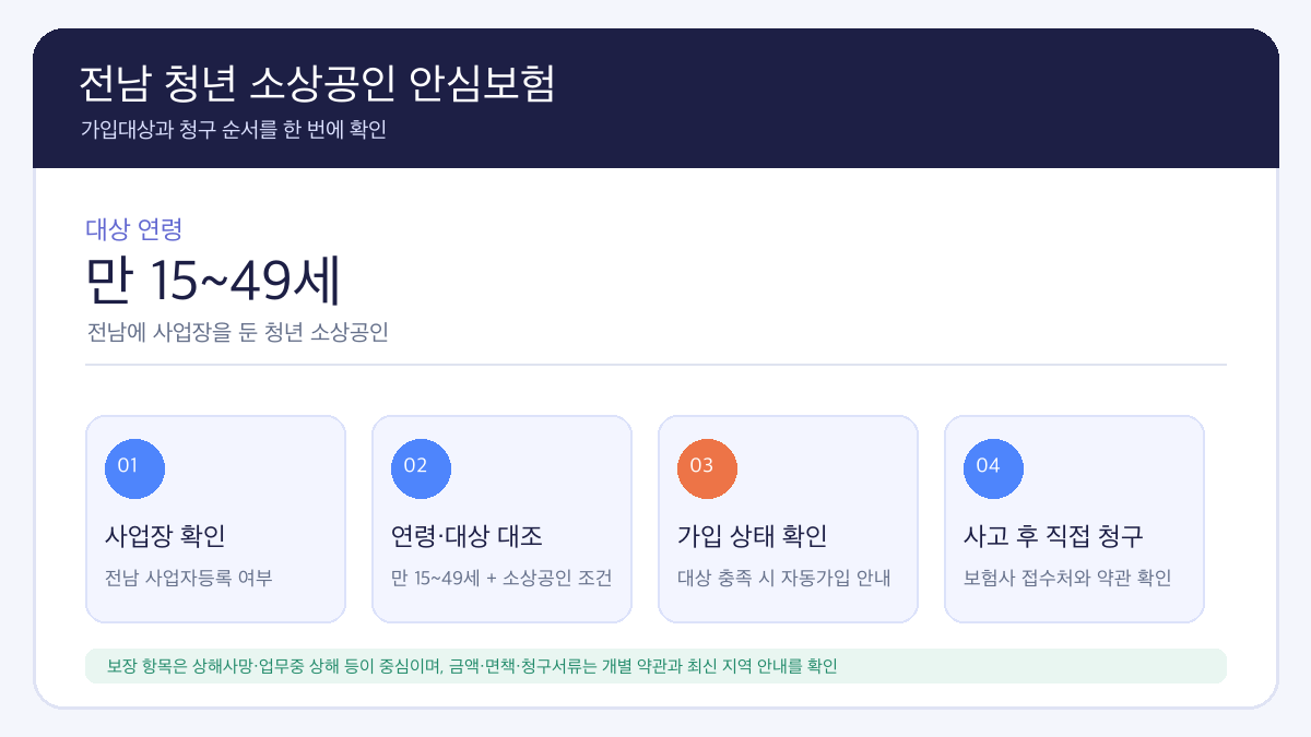 전남 청년 소상공인 안심보험 가입대상 만 15~49세와 자동가입·청구 순서를 정리한 인포그래픽