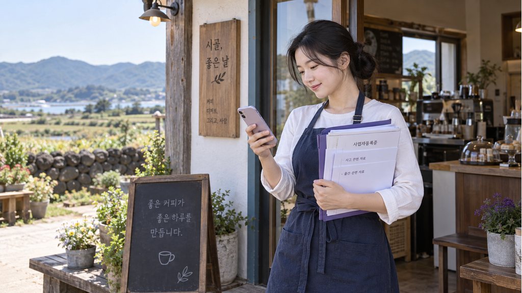 전남 청년 소상공인 안심보험 가입대상을 확인하며 사업자등록증과 사고 관련 자료를 정리하는 카페 운영자 실사 사진